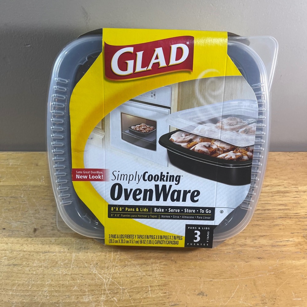 Glad SimplyCooking OvenWare 8x8 Pans and Lids 3 Count Set Black Square 56oz New